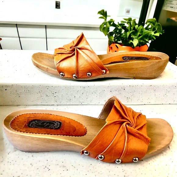 SALPY Handmade Shoes Orange Leather Wooden Mule Style Anna - Picture 6 of 15